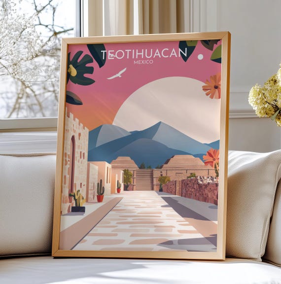Teotihuacan Mexico Wall Print Travel Art Colorful Pyramids Poster For Modern Decor