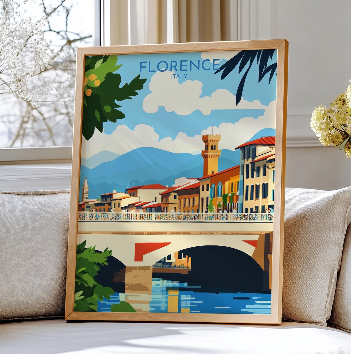 Colorful Florence Italy Historic Bridge Cityscape Travel Poster