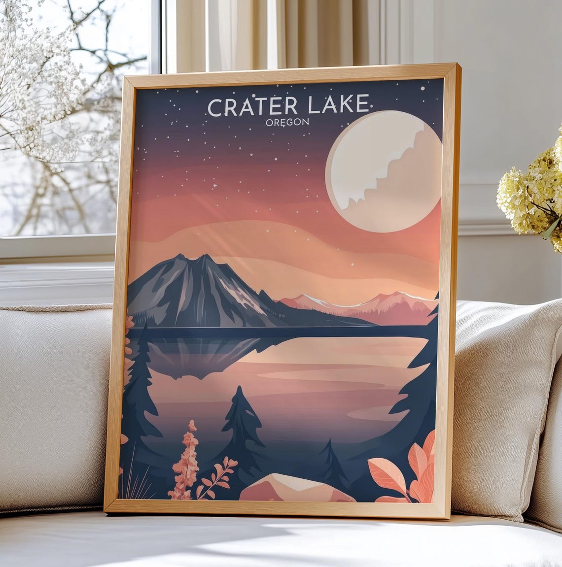 Crater Lake Oregon Moonlit Mountain Reflection Night Sky Poster