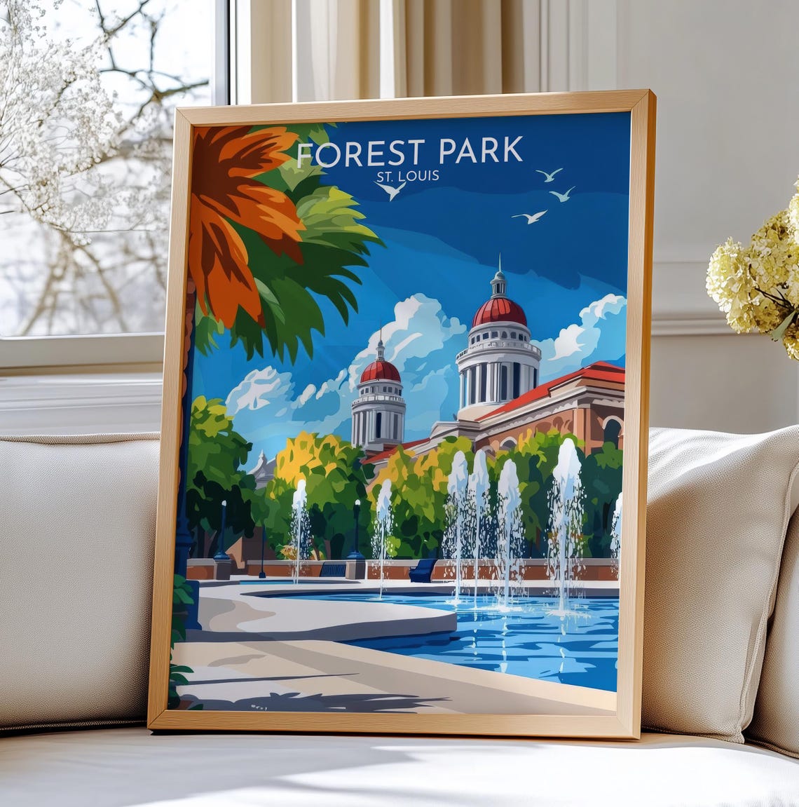 Forest Park St Louis Fountains Museum Lake Sunset Travel Poster