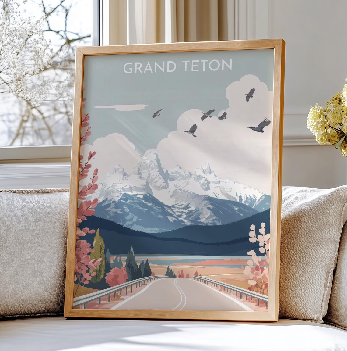 Grand Teton National Park Travel Poster with Snowy Peaks and Road