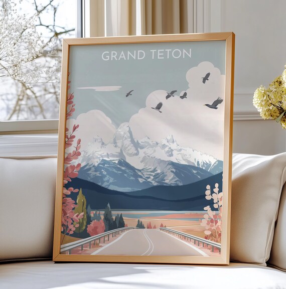 Grand Teton National Park Travel Poster with Snowy Peaks and Road