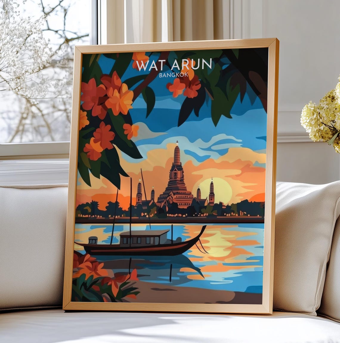 Wat Arun Bangkok Temple of Dawn Glowing at Sunset on the River Poster