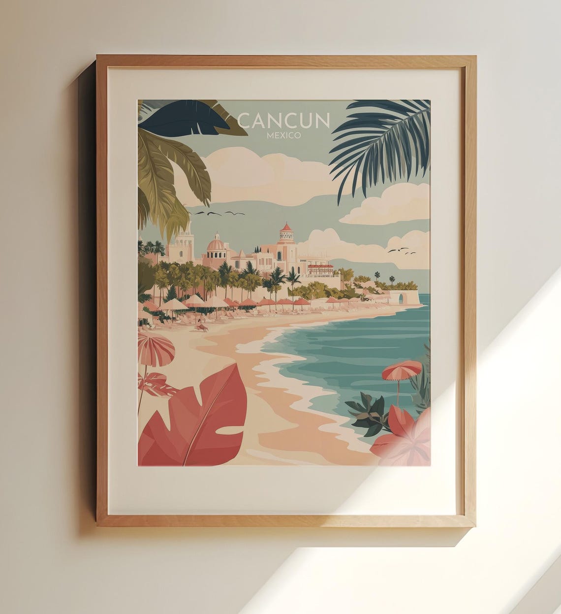 Cancun Mexico Vintage Tropical Beach Retro Travel Illustration Poster