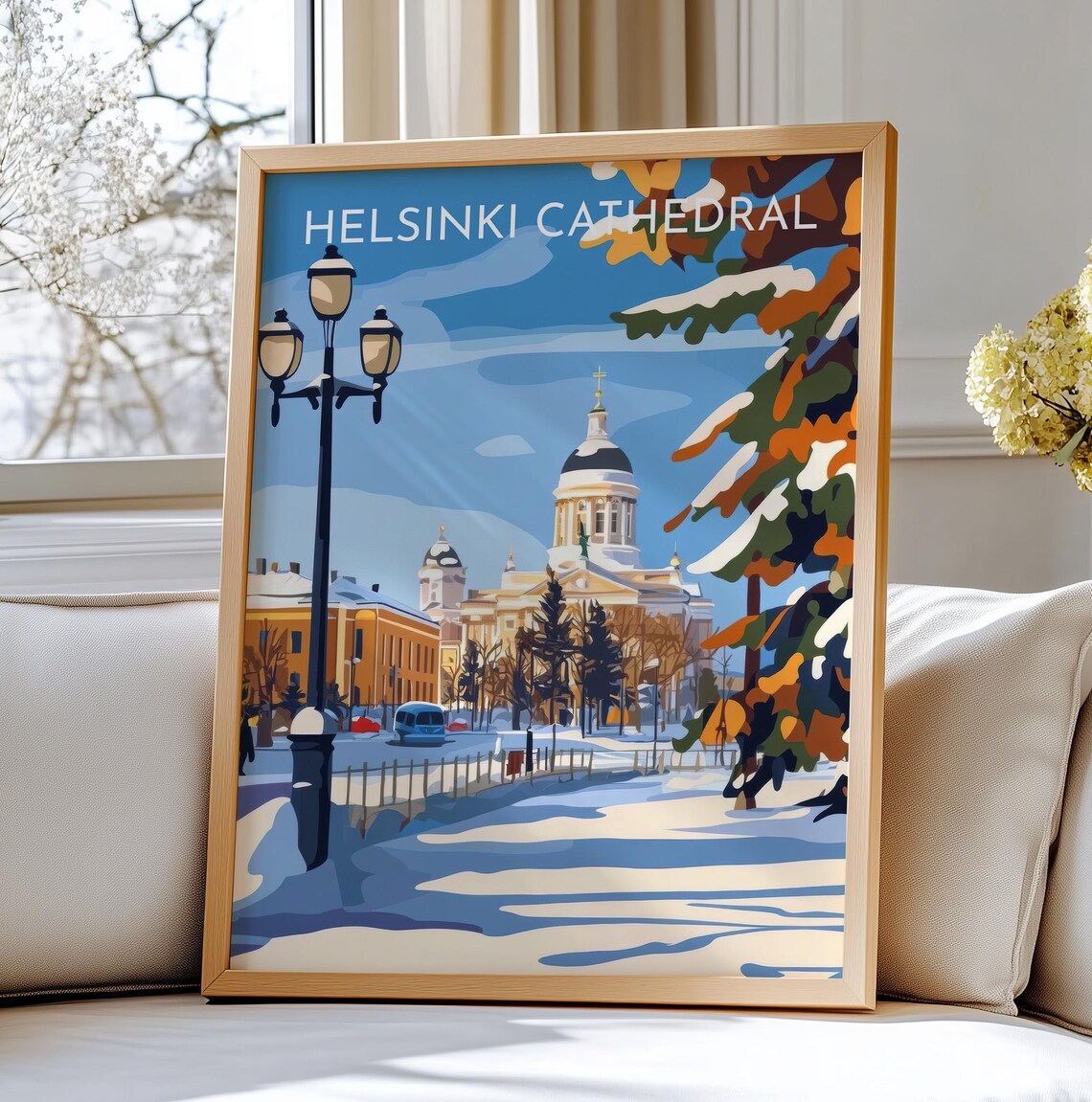 Helsinki Cathedral Snowy Street Lamps Finnish Winter Travel Poster