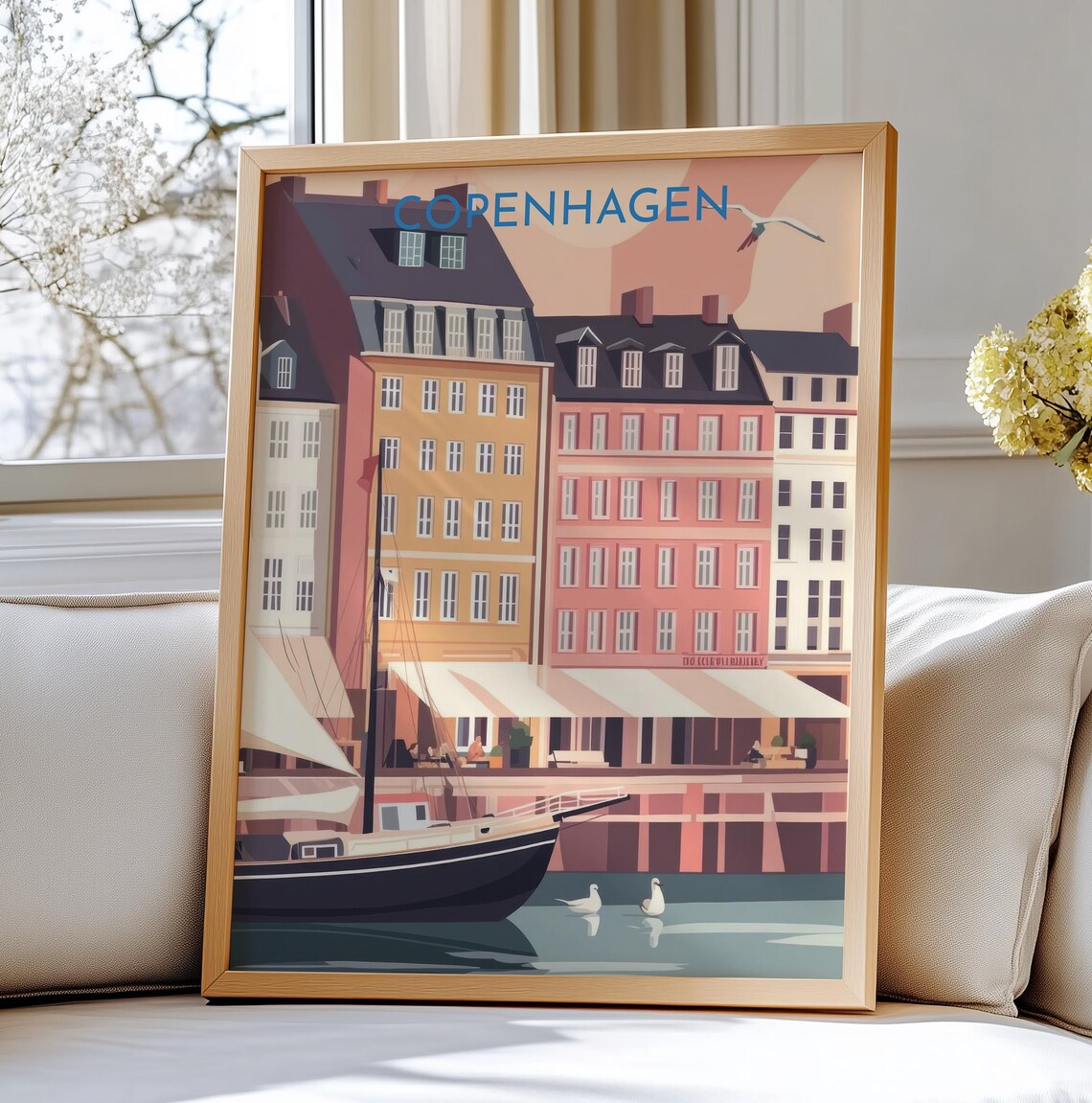 Copenhagen Denmark Travel Poster with Nyhavn Harbor and Sailboat