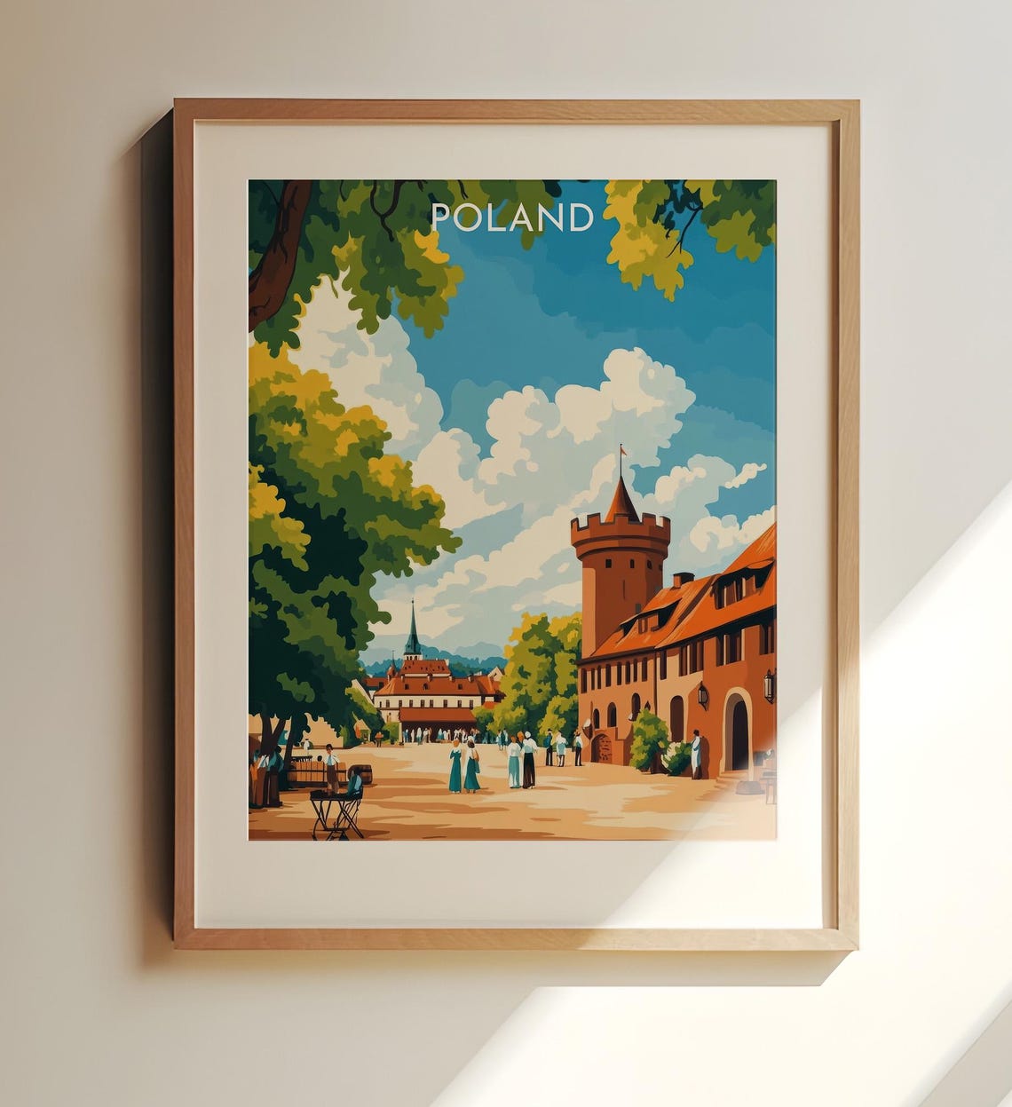 Poland Old Town Street Brick Tower Square Vintage Travel Poster