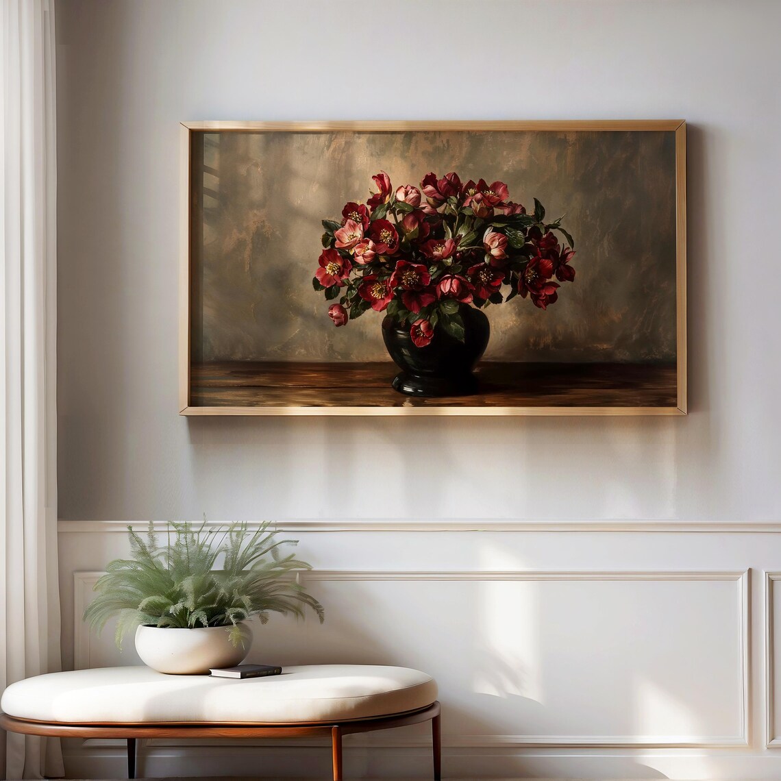 Moody Red Hellebore Flowers Black Vase Vintage Still Life Floral Print - Image 2