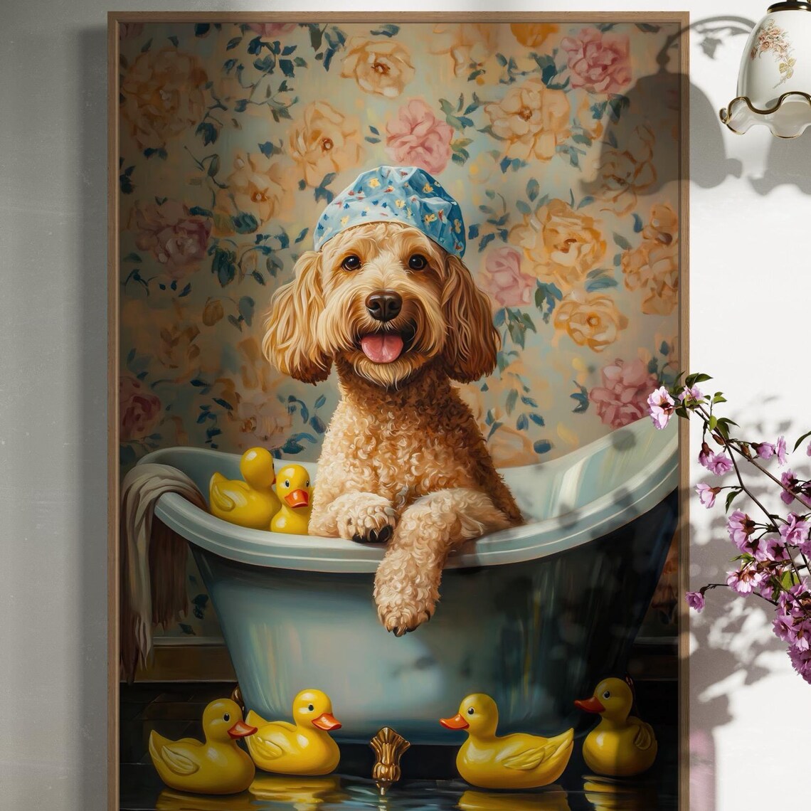 Cute Curly Dog Bathtub Rubber Ducks Funny Whimsical Bathroom Poster