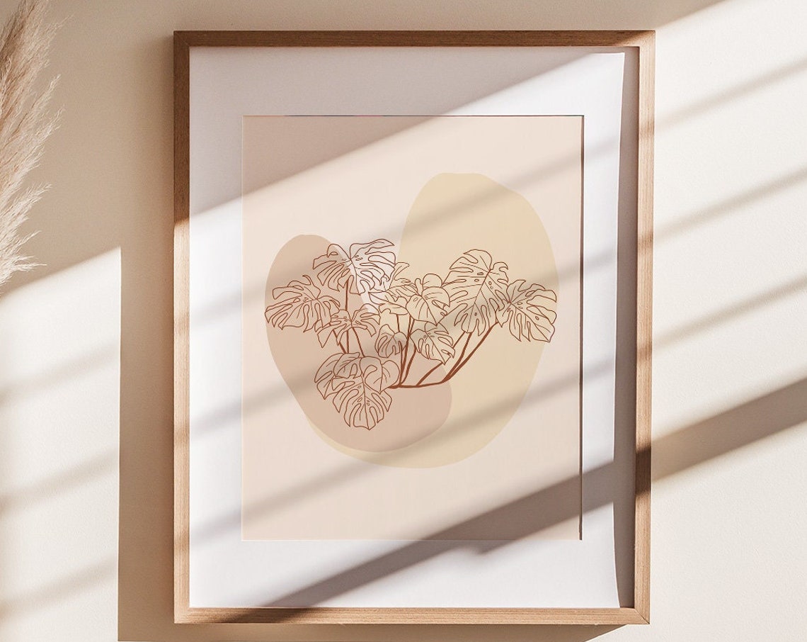 Delicate Monstera Leaf Line Art Over Beige Organic Botanical Poster