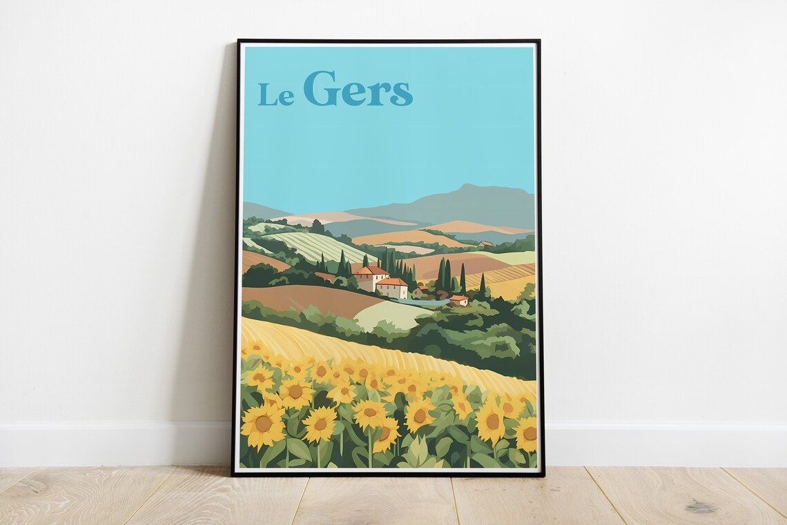 Le Gers France Sunflower Fields Farmhouse Minimalist Travel Poster