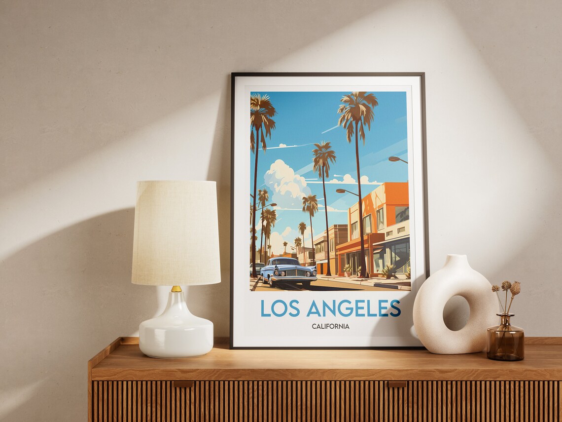 Los Angeles California Palm Tree Street Vintage Car Travel Poster - Image 2