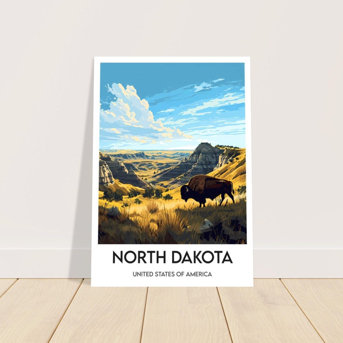 North Dakota Bison Prairie Sunset Illustration Vintage Poster - Image 2