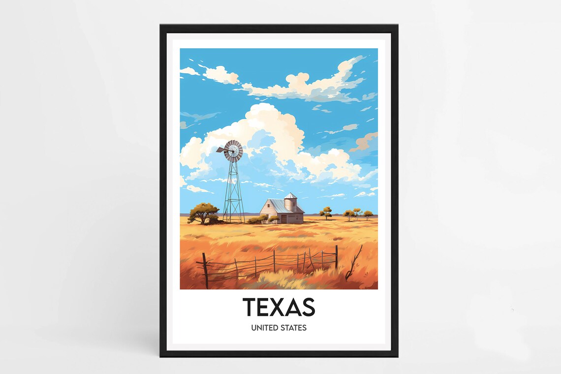 Texas Prairie Windmill Ranch Golden Fields USA Travel Poster Art
