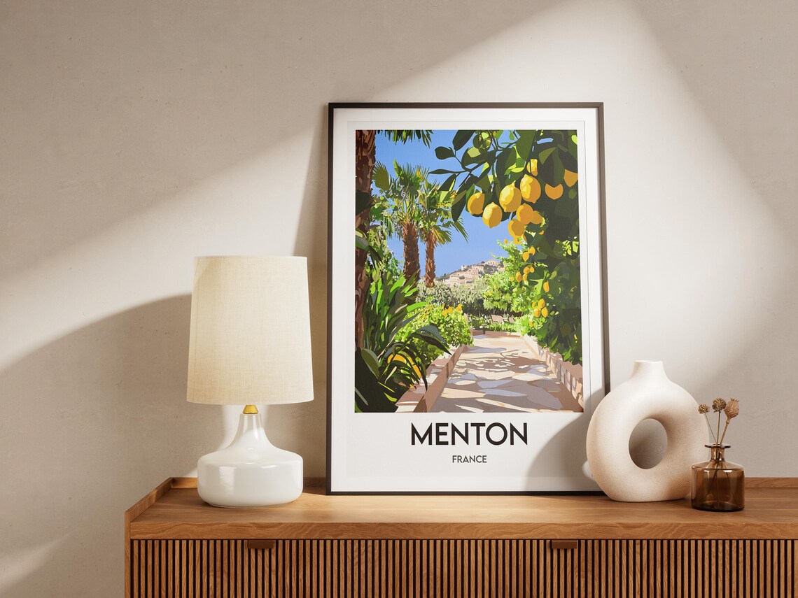 Menton France Travel Poster Lemon Grove Path Citrus Garden Illustration Art - Image 2