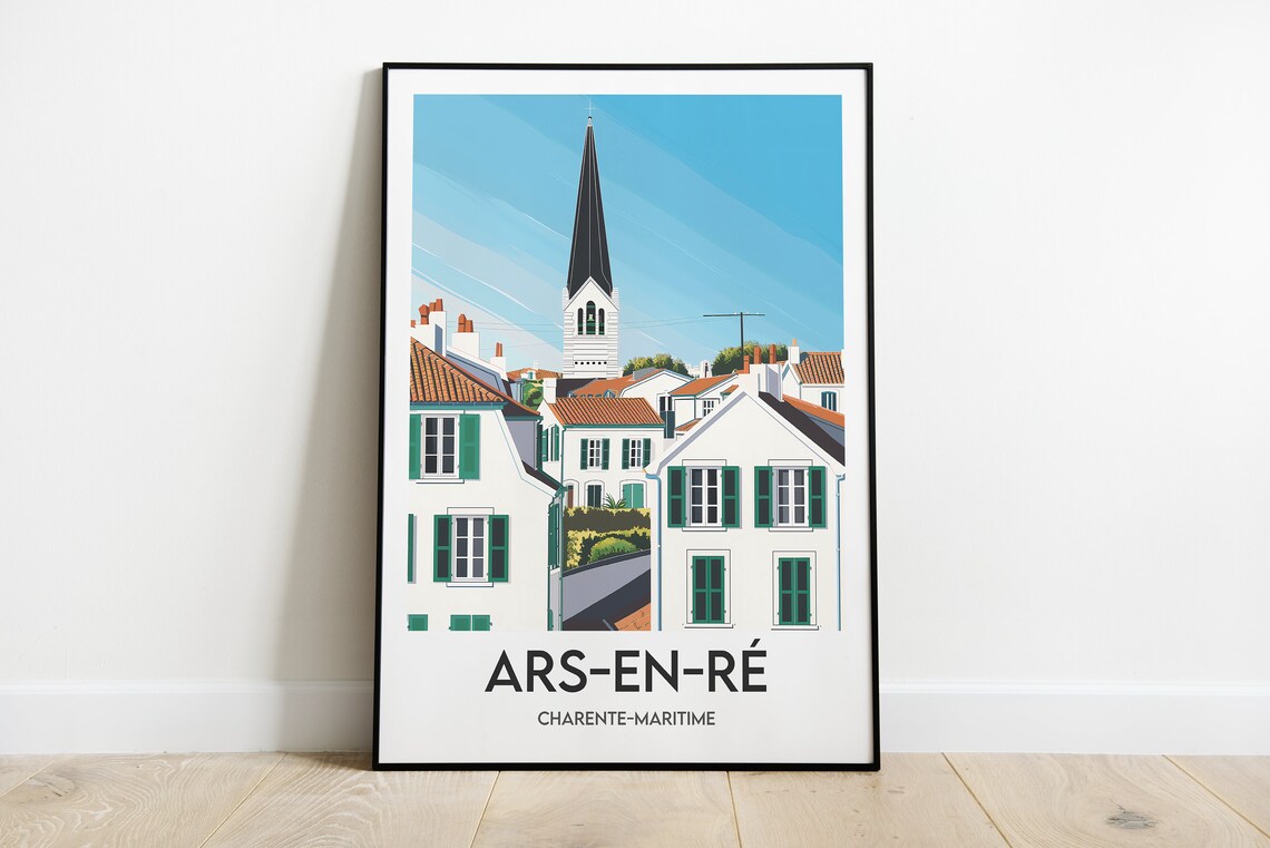 Ars en Re Ile de Re Village Church Spire Green Shutters Poster