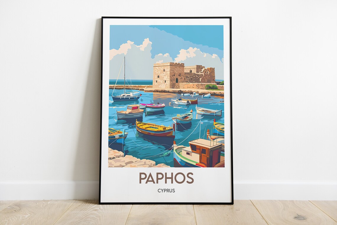 Paphos Harbor Castle Colorful Fishing Boats Cyprus Travel Poster