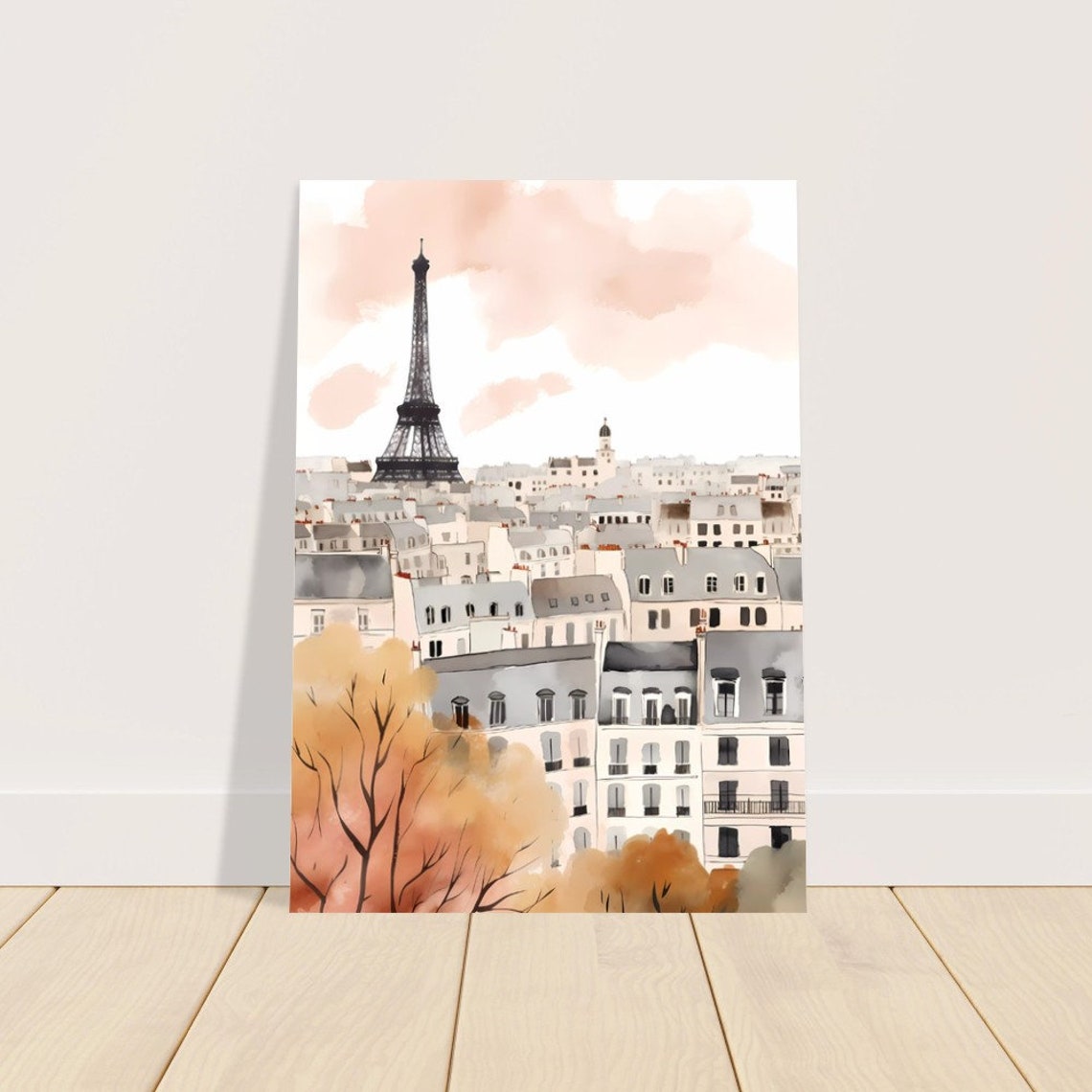 Paris Eiffel Tower Watercolor Rooftops Minimalist Travel Poster