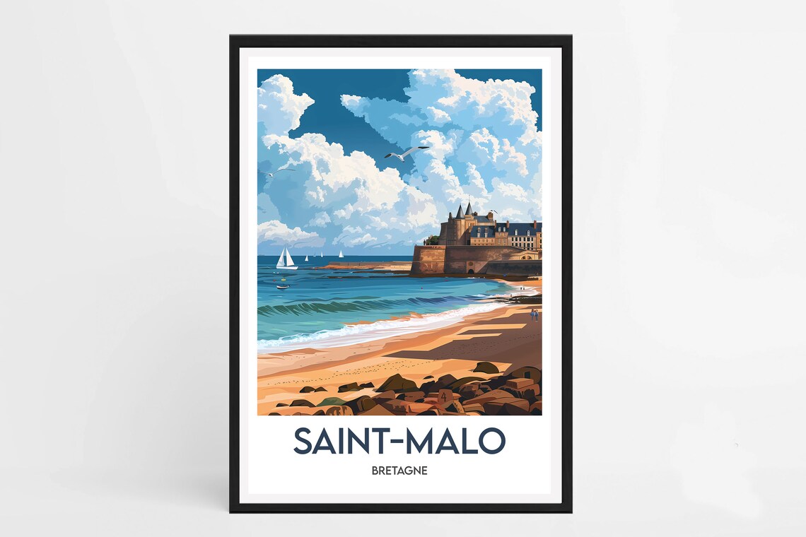 Saint Malo Bretagne Walled City Beach and Sailboats Vintage Poster