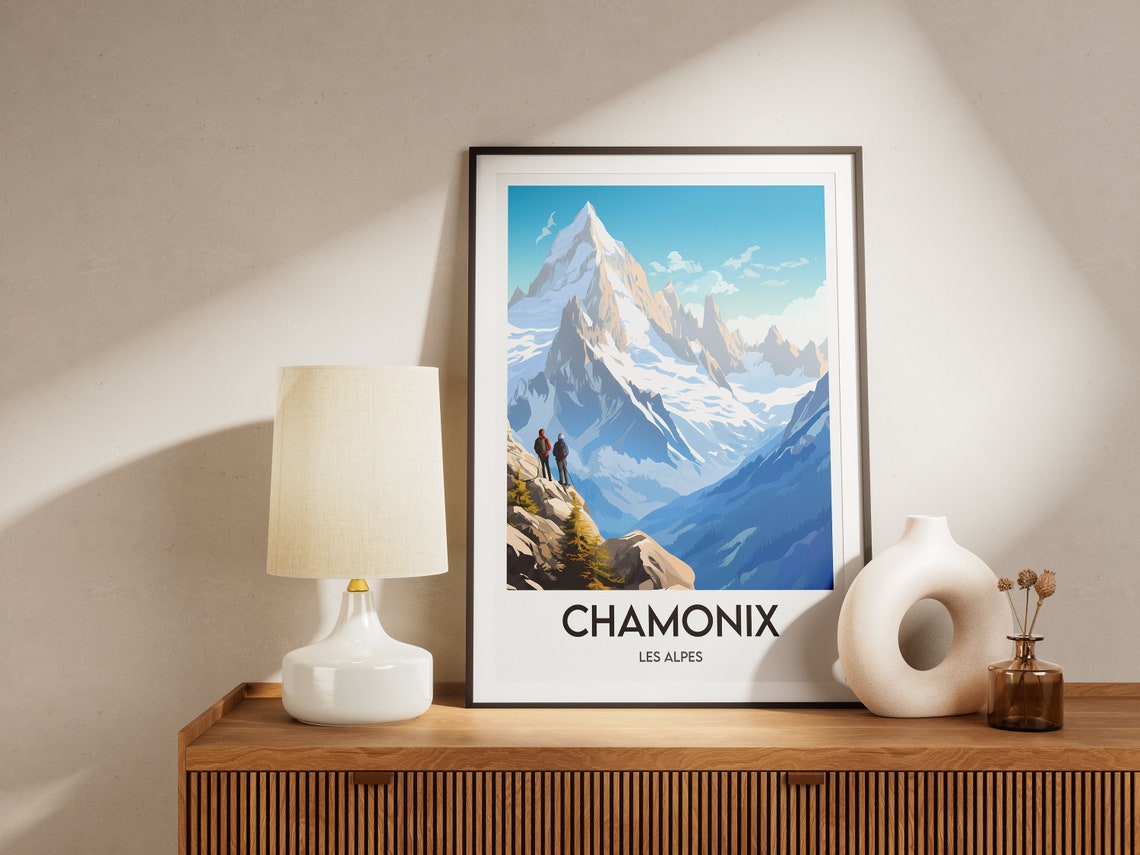 Chamonix French Alps Hikers Glacier Summit Viewpoint Travel Poster - Image 2