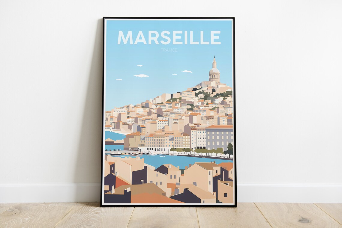 Marseille France Hilltop Basilica Harbor Minimalist Travel Poster