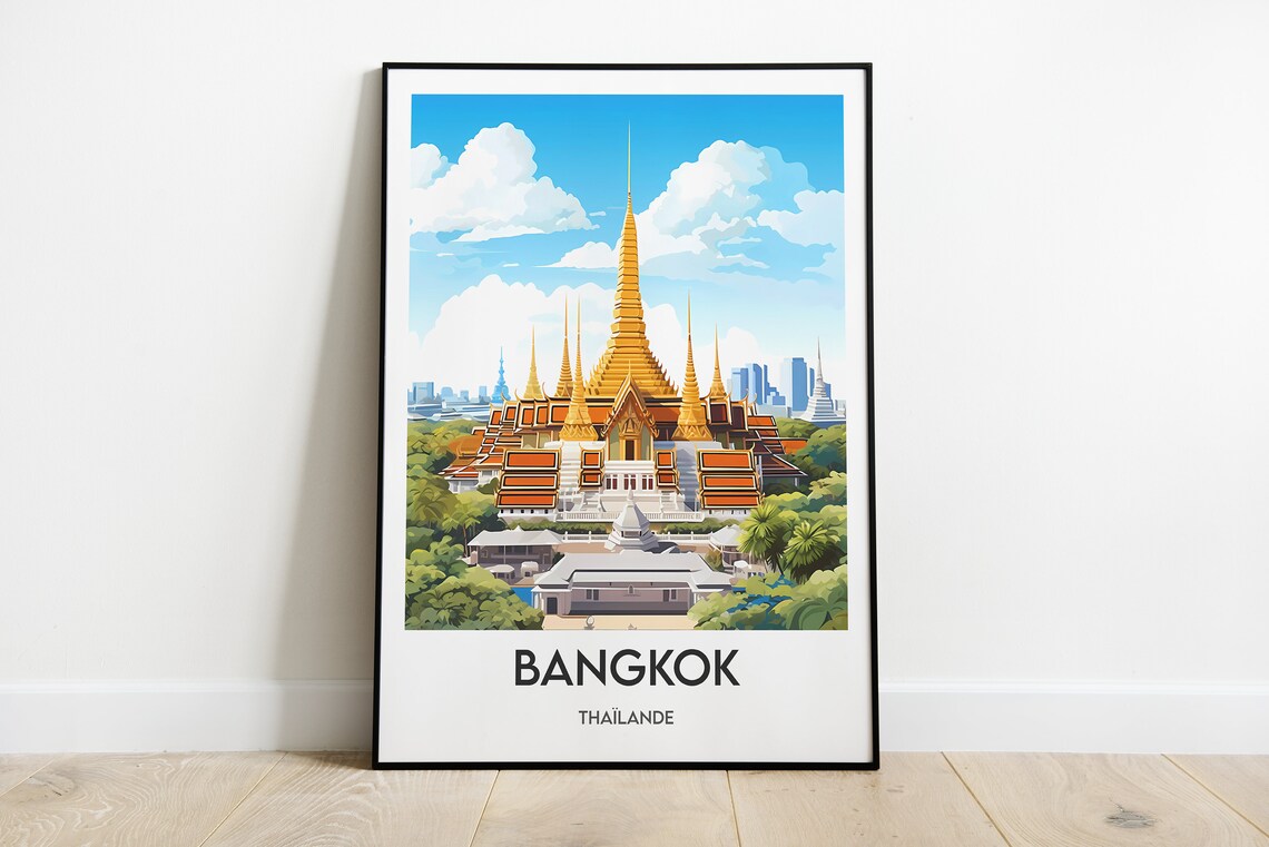 Bangkok Golden Temple Spires Thailand City Travel Poster Art