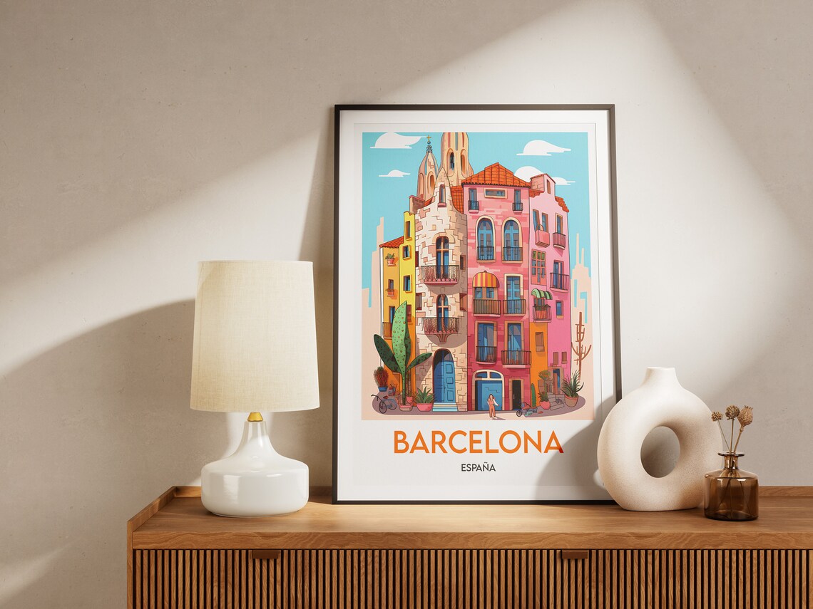 Barcelona Espana Colorful Street Facades Minimalist Travel Poster - Image 2