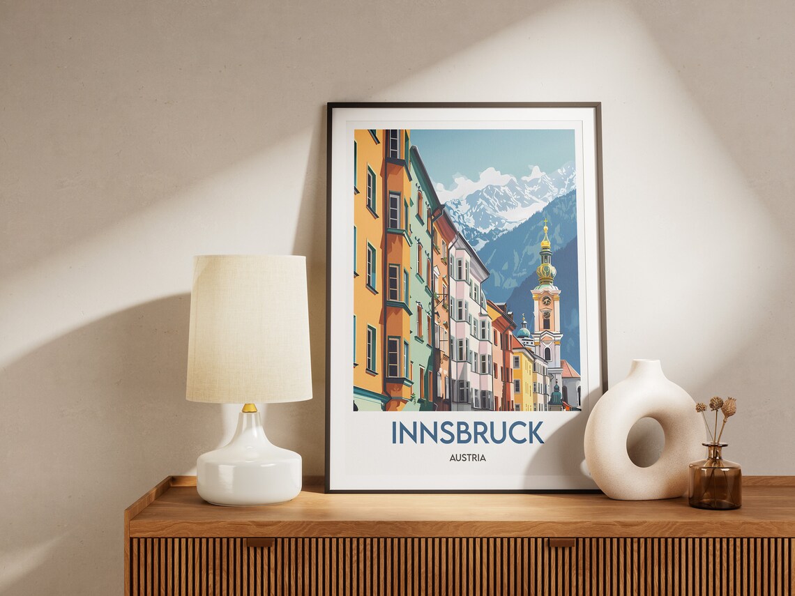 Innsbruck Old Town Row Houses Alpine Peaks Austria Travel Poster - Image 2