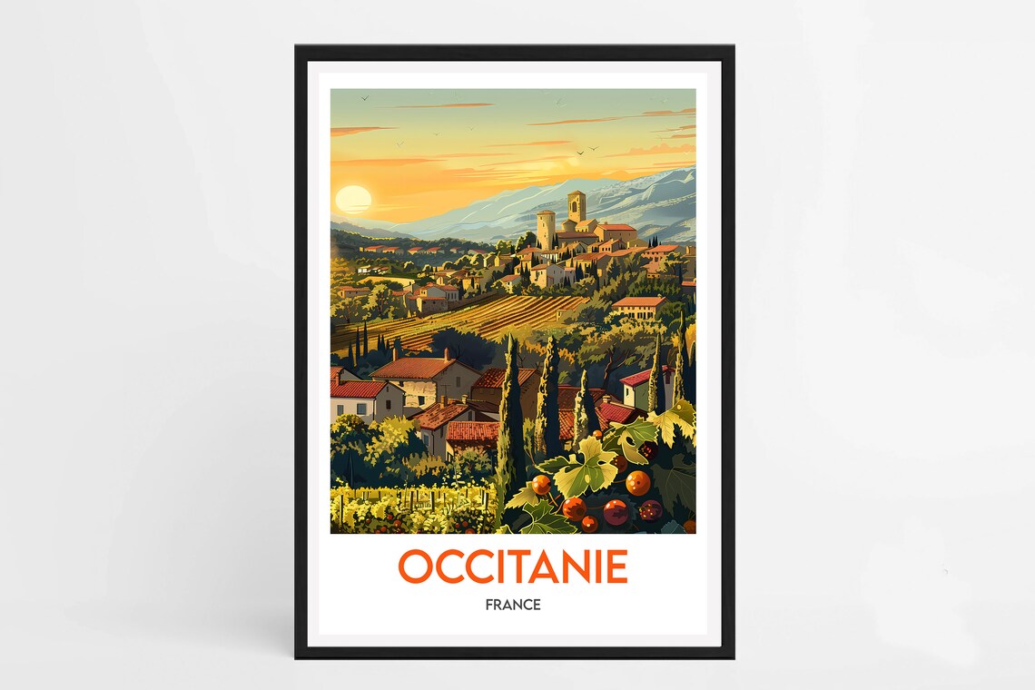 Occitanie France Sunset Vineyard Village Cypress Trees Poster