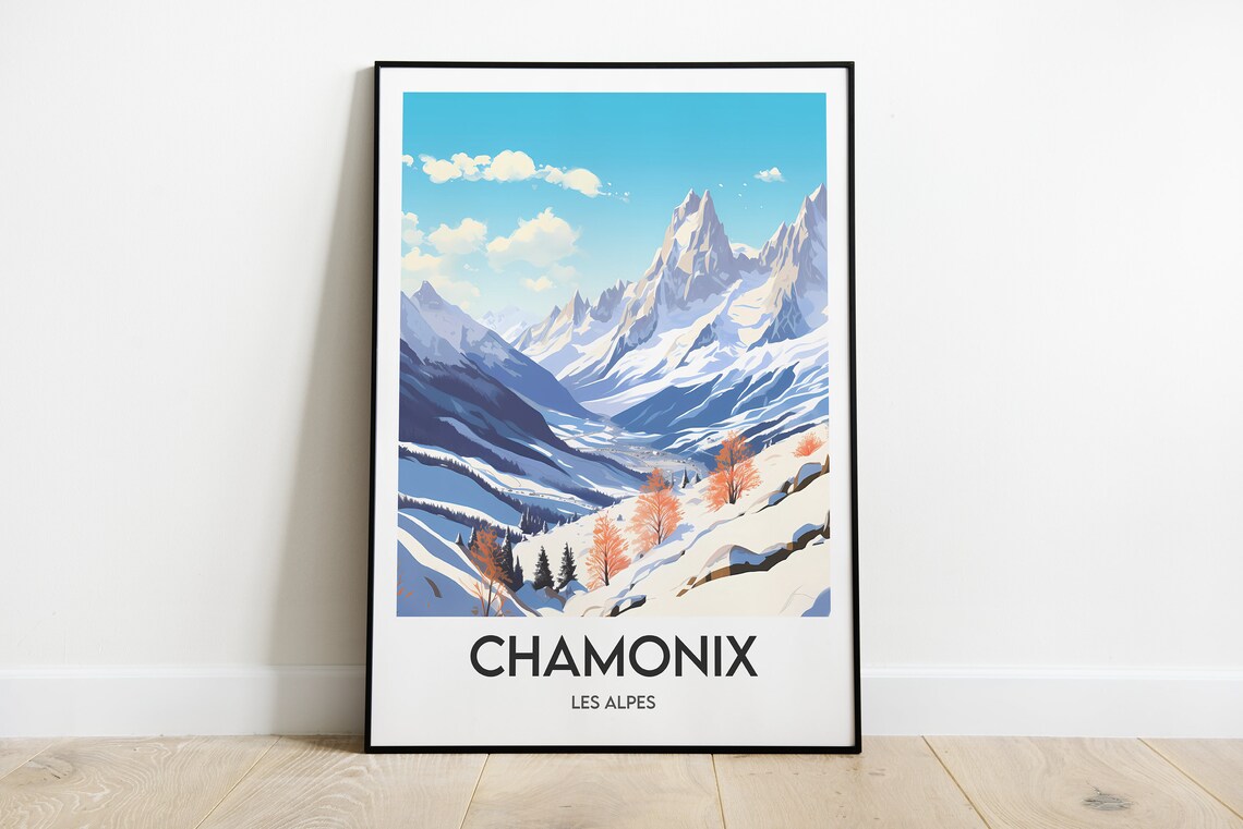 Chamonix French Alps Mont Blanc Snowy Peaks Autumn Travel Poster