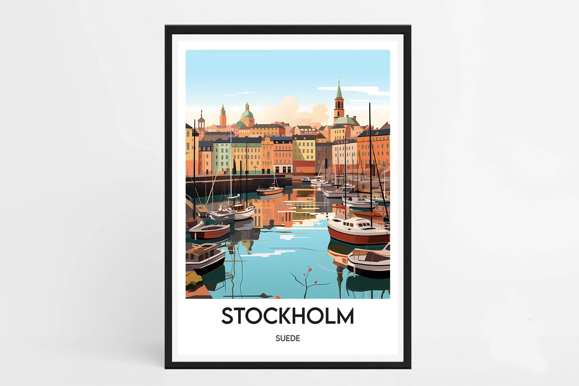 Stockholm Old Town Harbour Boats Sweden Nordic Travel Poster