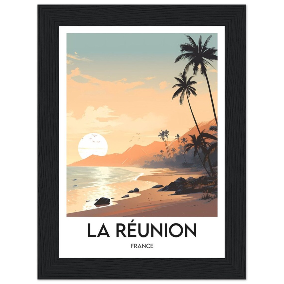 Reunion Island France Tropical Beach Sunset Palm Silhouette Poster - Image 2