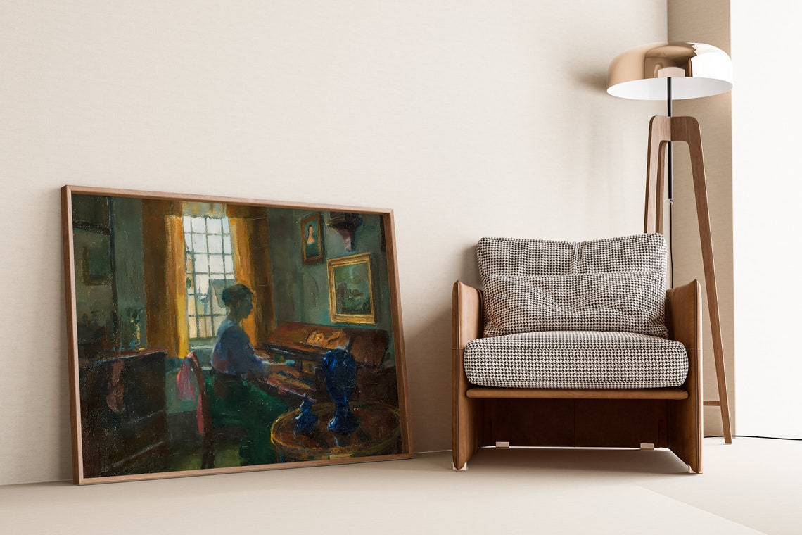 Vintage Farmhouse Oil Painting Print Lady Playing Piano In Cozy Home Interior Rustic Vintage Art For Living Room Bedroom Or Music Room - Image 2