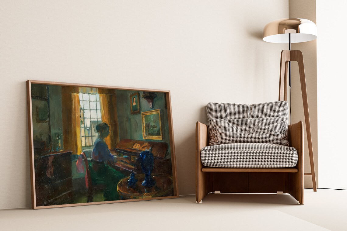 Woman at Piano Sunlit Vintage Interior Moody Classical Painting Wall Art - Image 2