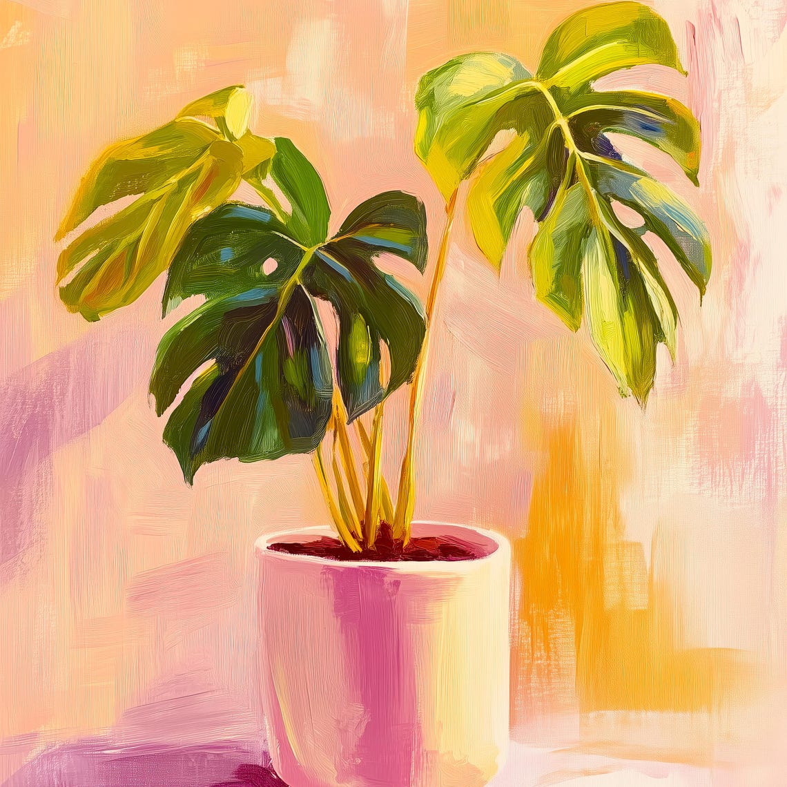 Monstera in Pink Pot Bold Tropical Leaf Painting Modern Wall Art - Image 3