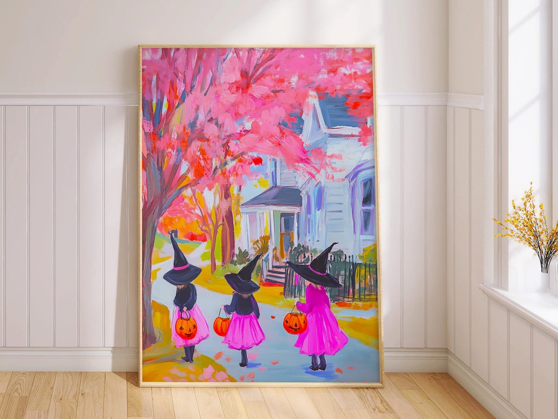 Three Little Witches Trick or Treating Cute Halloween Night Wall Art - Image 2