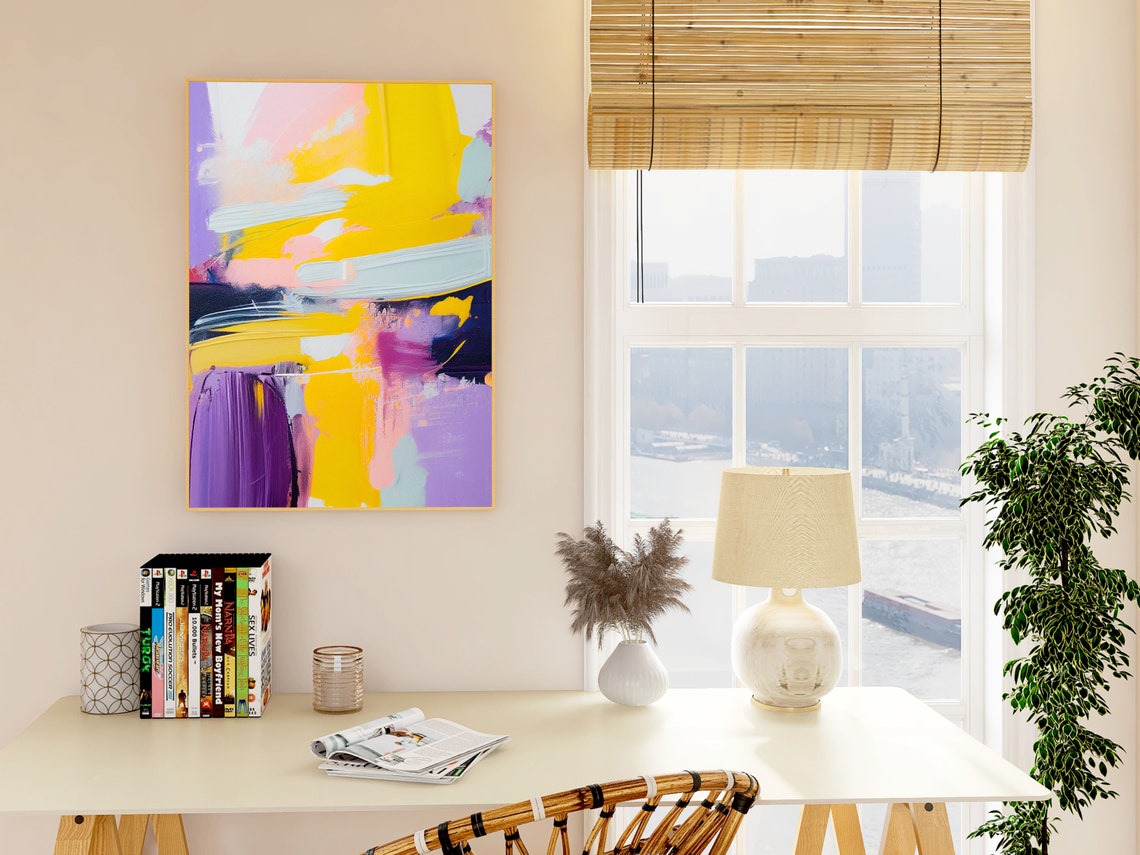Energetic Abstract Yellow Purple Navy Brushwork Modern Canvas Wall Art - Image 3
