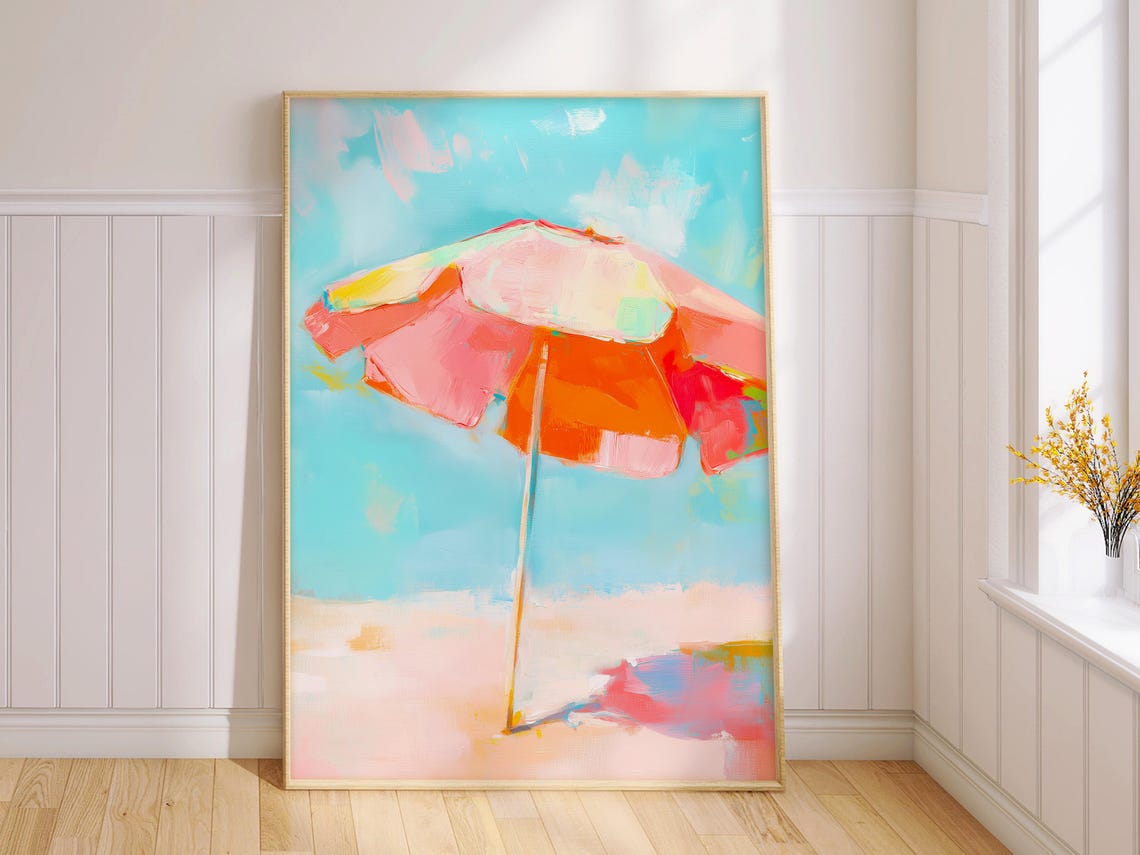 Coral Beach Umbrella Against Turquoise Sky Painterly Summer Wall Art - Image 2