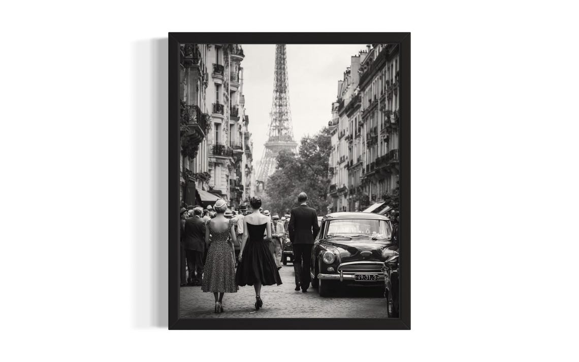 Black and White Paris Street Eiffel Tower Vintage Couple 1950s Poster