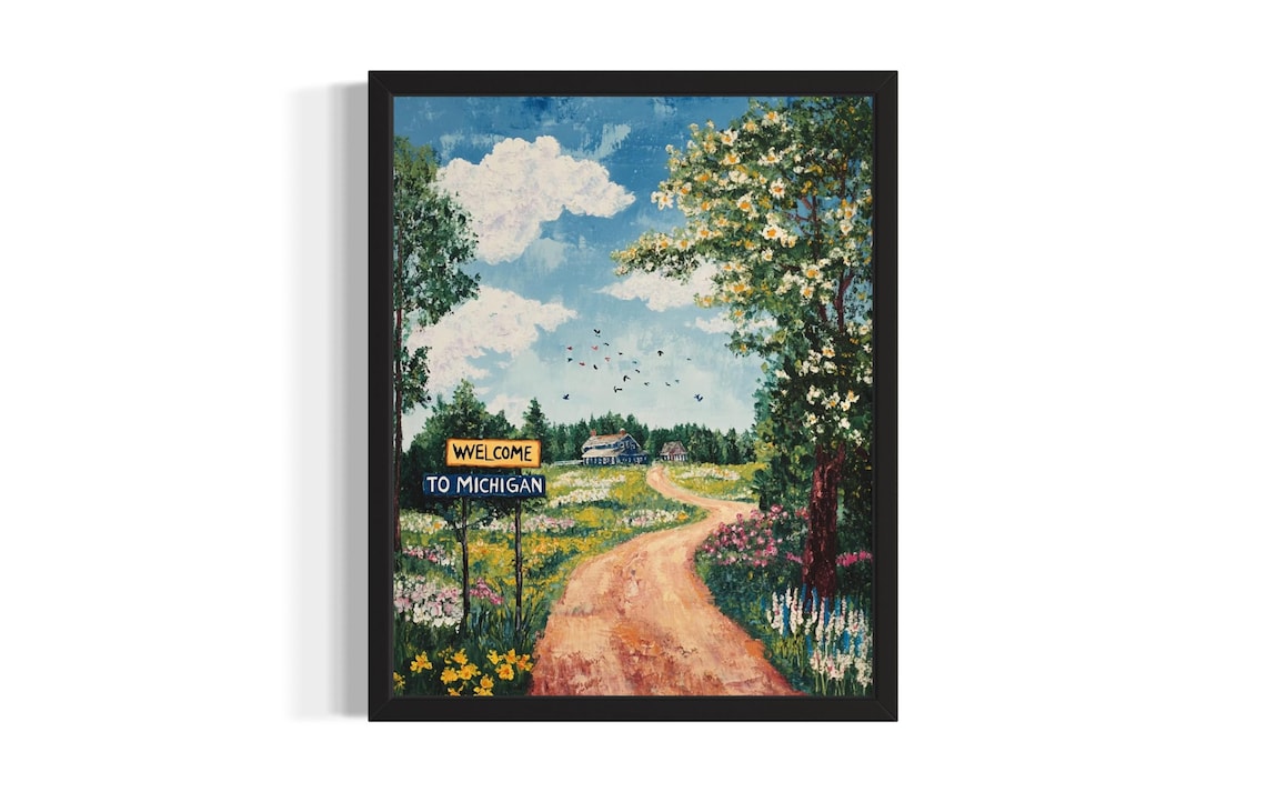 Welcome to Michigan Blooming Country Road Wildflower Art Poster