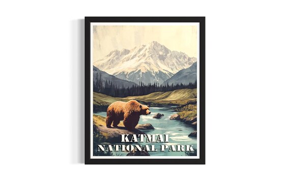 Katmai National Park Vintage Brown Bear River Wildlife Poster