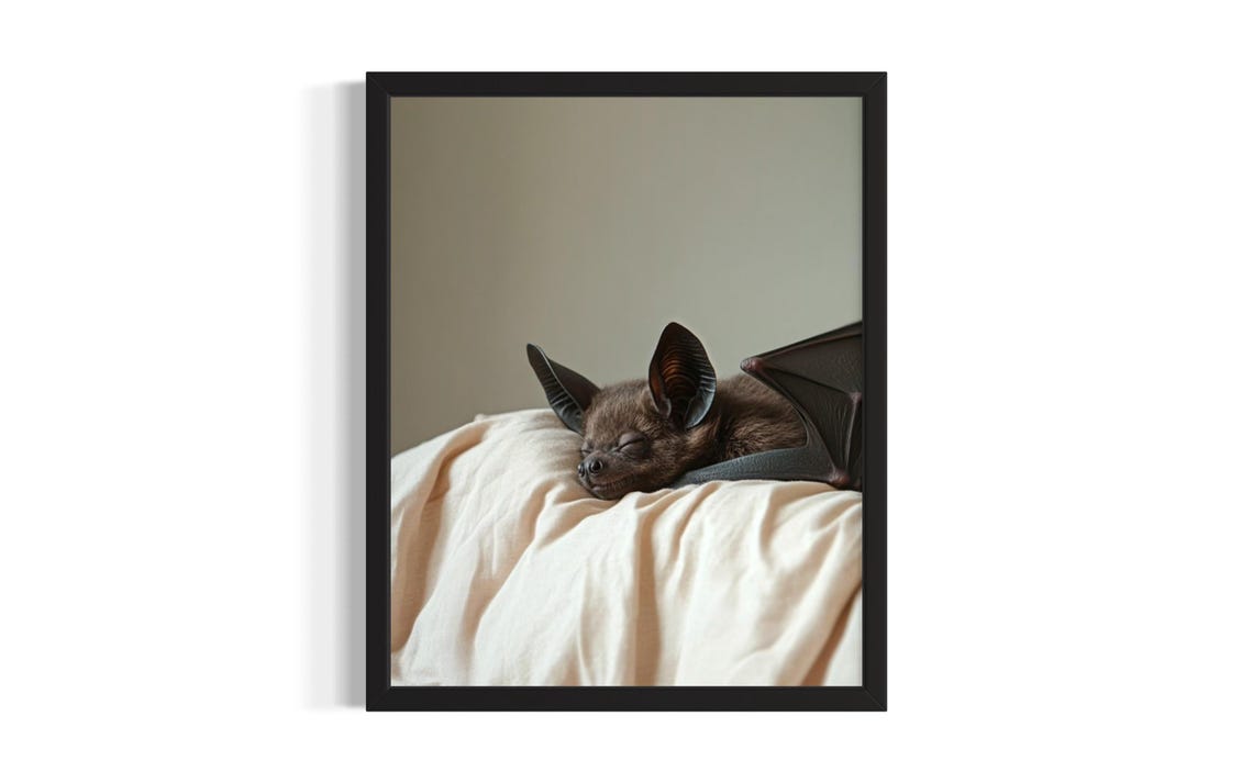 Tiny Sleeping Bat on Cream Bedding Cute Wildlife Photo Poster