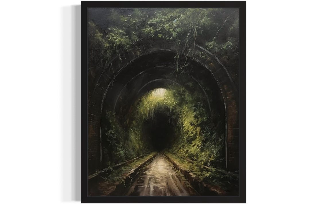 Overgrown Railway Tunnel With Light Streaming Through Poster