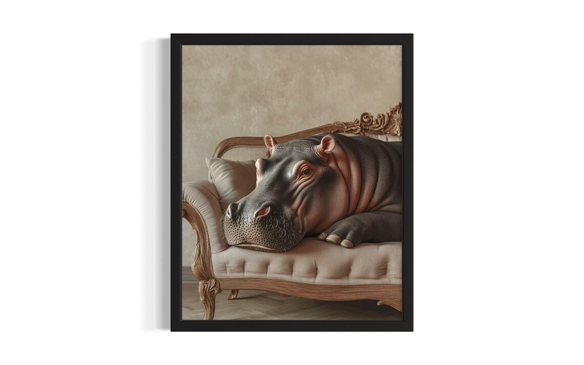 Sleepy Hippo Lounging on Ornate Cream Sofa Vintage Art Poster