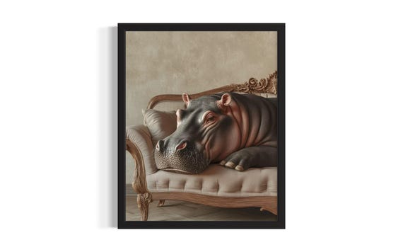 Hippo Animal Sofa Living Room Poster Art Print Wall Original Painting Artwork Decor
