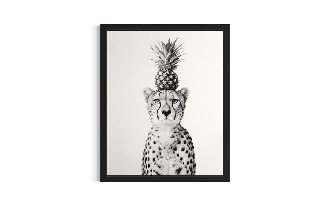 Cheetah Pineapple Hat Black and White Funny Animal Portrait Poster