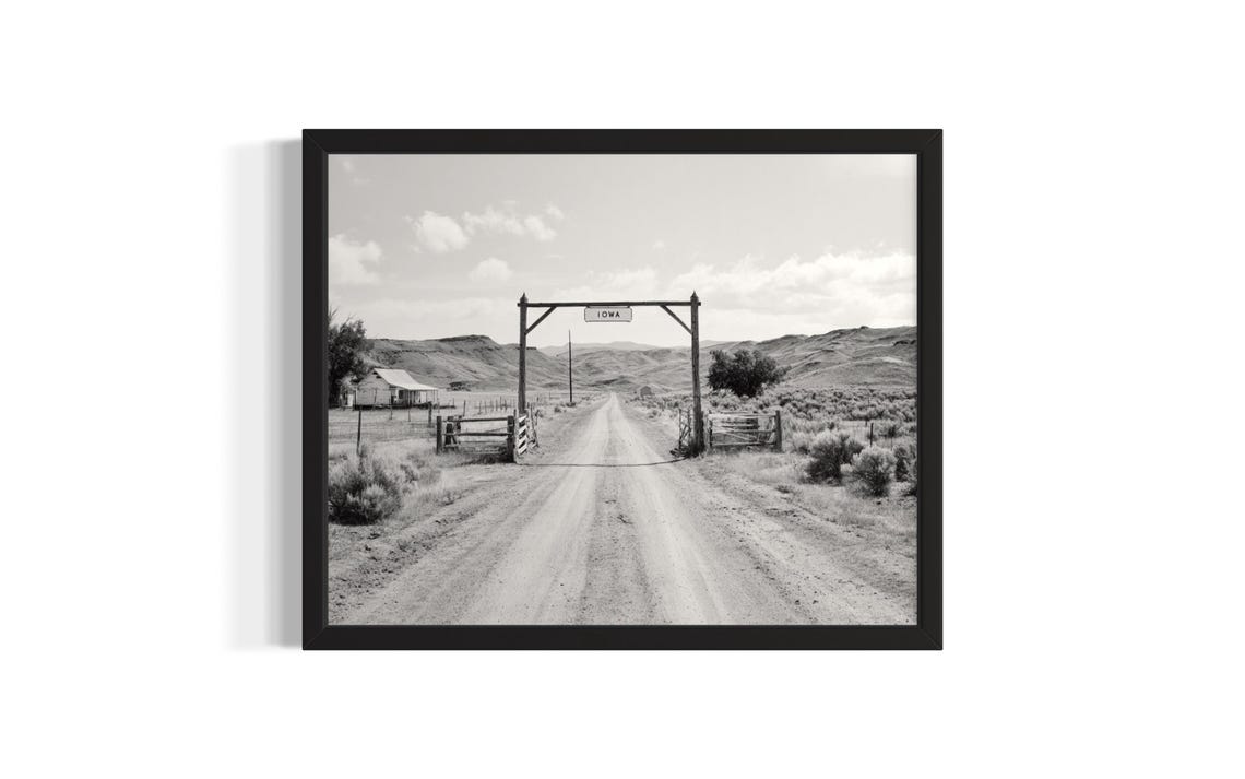 Iowa Ranch Gate Dirt Road Black and White Vintage Western Photo Poster