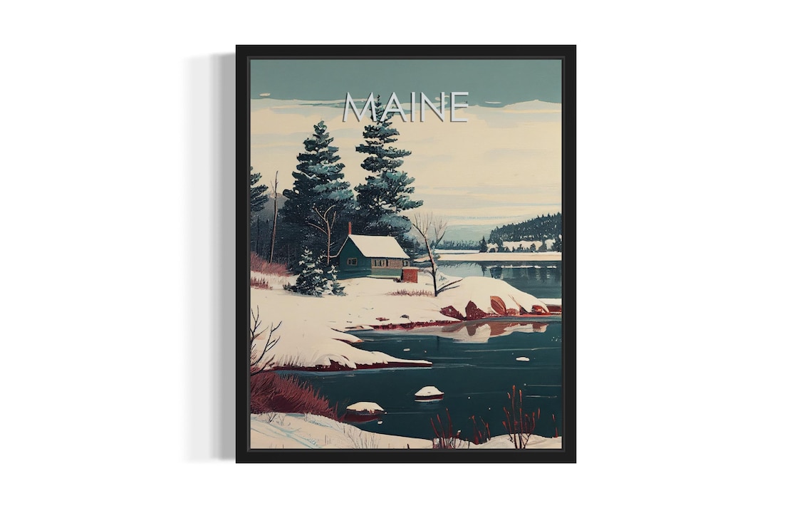 Maine Winter Cabin Frozen Lake Snowy Shoreline Vintage Style Poster