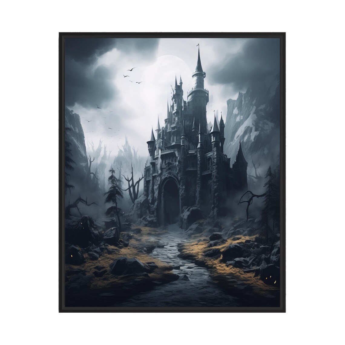 Cursed Castle Rising From Misty Mountains Dark Fantasy Poster