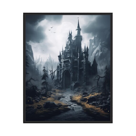 Cursed Castle Rising From Misty Mountains Dark Fantasy Poster